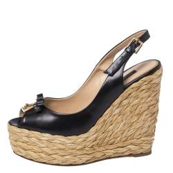 Pre Owned صندل دولتشي أند غابانا مزين قفل و فونكة كعب روكي و فتحة كعب رافيا و جلد أسود مقاس 38