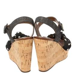 Pre Owned Dolce & Gabbana Black Polka Dot Fabric and Raffia Knot Cork Wedge Sandals Size 37