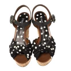 Pre Owned Dolce & Gabbana Black Polka Dot Fabric and Raffia Knot Cork Wedge Sandals Size 37