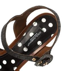 Pre Owned Dolce & Gabbana Black Polka Dot Fabric and Raffia Knot Cork Wedge Sandals Size 37