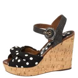 Pre Owned Dolce & Gabbana Black Polka Dot Fabric and Raffia Knot Cork Wedge Sandals Size 37