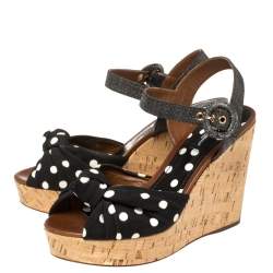 Pre Owned Dolce & Gabbana Black Polka Dot Fabric and Raffia Knot Cork Wedge Sandals Size 37