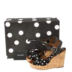 Pre Owned Dolce & Gabbana Black Polka Dot Fabric and Raffia Knot Cork Wedge Sandals Size 37