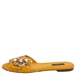 Pre Owned Dolce & Gabbana Mustard Lace Crystal Embellished Flat Slides Size 38