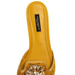 Pre Owned Dolce & Gabbana Mustard Lace Crystal Embellished Flat Slides Size 38