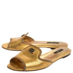 Dolce & Gabbana Metallic Gold Lizard Embossed Leather Sofia Flat Slides Size 37