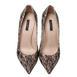 Pre Owned Dolce & Gabbana Black/Beige Floral Lace and Leather Pointed Toe Pumps Size 40