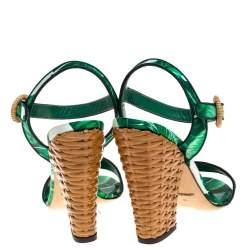 Pre Owned Dolce & Gabbana Green Banana Leaf Print Satin Keira Sandals Size 40
