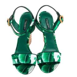 Pre Owned Dolce & Gabbana Green Banana Leaf Print Satin Keira Sandals Size 40