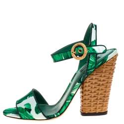 Pre Owned Dolce & Gabbana Green Banana Leaf Print Satin Keira Sandals Size 40