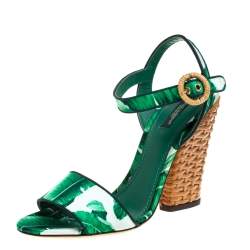 Pre Owned Dolce & Gabbana Green Banana Leaf Print Satin Keira Sandals Size 40