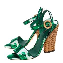Pre Owned Dolce & Gabbana Green Banana Leaf Print Satin Keira Sandals Size 40
