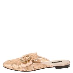 Dolce & Gabbana Peach Lace and Mesh Crystal Embellished Mules Size 41