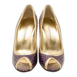 مملوكة مسبقًا Dolce & Gabbana Purple and Gold Embossed Peep Toe Pumps Size 35