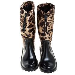Dolce & Gabbana Black/Brown Leopard Print Nylon and Leather Drawstring Mid Length Rain Boots Size 36