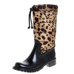 Dolce & Gabbana Black/Brown Leopard Print Nylon and Leather Drawstring Mid Length Rain Boots Size 36