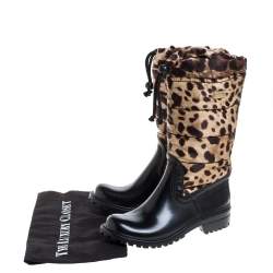Dolce & Gabbana Black/Brown Leopard Print Nylon and Leather Drawstring Mid Length Rain Boots Size 36