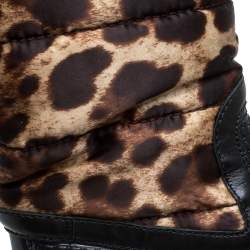 Dolce & Gabbana Black/Brown Leopard Print Nylon and Leather Drawstring Mid Length Rain Boots Size 36