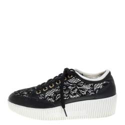 Dolce & Gabbana Black Leather/Lace, and Fabric Wedge Sneakers Size 38.5