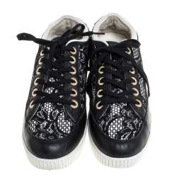 Dolce & Gabbana Black Leather/Lace, and Fabric Wedge Sneakers Size 38.5