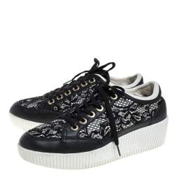 Dolce & Gabbana Black Leather/Lace, and Fabric Wedge Sneakers Size 38.5
