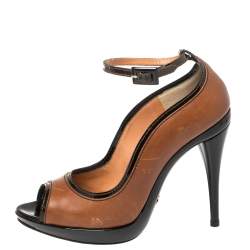 Pre Owned Dolce & Gabbana Brown/Black Patent and Leather Peep Toe Platform Ankle Strap Pumps Size 38