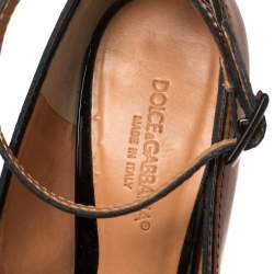 Pre Owned Dolce & Gabbana Brown/Black Patent and Leather Peep Toe Platform Ankle Strap Pumps Size 38