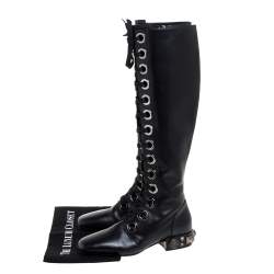 Pre Owned Dolce & Gabbana Black Leather Jackie Lace Up Knee Length Boots Size 38