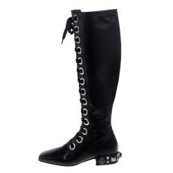 Pre Owned Dolce & Gabbana Black Leather Jackie Lace Up Knee Length Boots Size 38