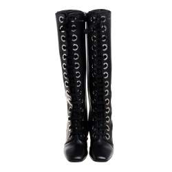 Pre Owned Dolce & Gabbana Black Leather Jackie Lace Up Knee Length Boots Size 38