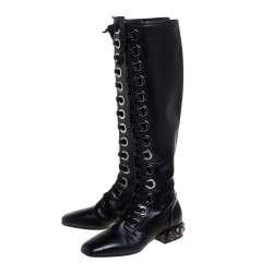 Pre Owned Dolce & Gabbana Black Leather Jackie Lace Up Knee Length Boots Size 38