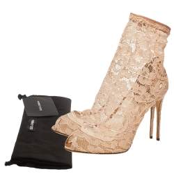 Pre Owned Dolce & Gabbana Pink Lace Peep Toe Ankle Booties Size 36