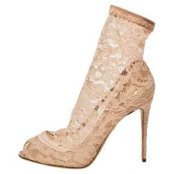 Pre Owned Dolce & Gabbana Pink Lace Peep Toe Ankle Booties Size 36