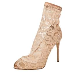 Pre Owned Dolce & Gabbana Pink Lace Peep Toe Ankle Booties Size 36