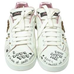 Pre Owned Dolce & Gabbana White Leather Portofino Embellished Sneakers Size 39