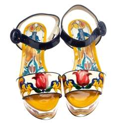 Pre Owned Dolce & Gabbana Multicolor Majolica Print Patent Leather Wedge Platform Ankle Strap Sandals Size 36