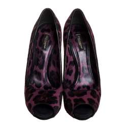Pre Owned Dolce & Gabbana Purple Calf hair And Suede Leopard Print Peep Toe Pumps Size 40