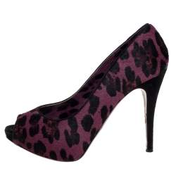 Pre Owned Dolce & Gabbana Purple Calf hair And Suede Leopard Print Peep Toe Pumps Size 40