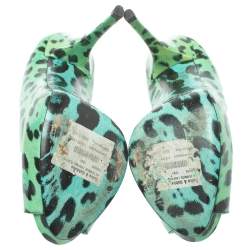 Pre Owned  Dolce & Gabbana Green/Black Leopard Print Patent Leather Peep Toe Platform Pumps Size 39
