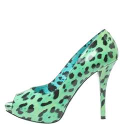 Pre Owned  Dolce & Gabbana Green/Black Leopard Print Patent Leather Peep Toe Platform Pumps Size 39