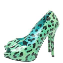 Pre Owned  Dolce & Gabbana Green/Black Leopard Print Patent Leather Peep Toe Platform Pumps Size 39