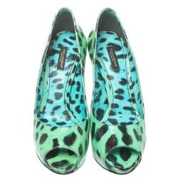 Pre Owned  Dolce & Gabbana Green/Black Leopard Print Patent Leather Peep Toe Platform Pumps Size 39