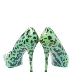 Pre Owned  Dolce & Gabbana Green/Black Leopard Print Patent Leather Peep Toe Platform Pumps Size 39