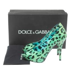 Pre Owned  Dolce & Gabbana Green/Black Leopard Print Patent Leather Peep Toe Platform Pumps Size 39