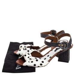 Pre Owned Dolce & Gabbana White/Grey Raffia And Polka Dot Fabric Knotted Ankle Strap Sandals Size 37.5