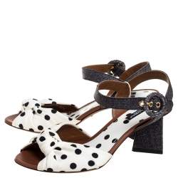 Pre Owned Dolce & Gabbana White/Grey Raffia And Polka Dot Fabric Knotted Ankle Strap Sandals Size 37.5