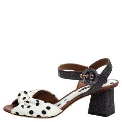 Pre Owned Dolce & Gabbana White/Grey Raffia And Polka Dot Fabric Knotted Ankle Strap Sandals Size 37.5