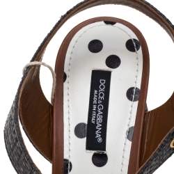Pre Owned Dolce & Gabbana White/Grey Raffia And Polka Dot Fabric Knotted Ankle Strap Sandals Size 37.5