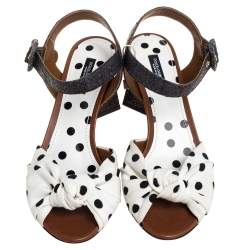 Pre Owned Dolce & Gabbana White/Grey Raffia And Polka Dot Fabric Knotted Ankle Strap Sandals Size 37.5