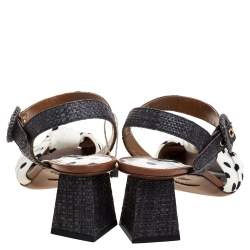 Pre Owned Dolce & Gabbana White/Grey Raffia And Polka Dot Fabric Knotted Ankle Strap Sandals Size 37.5
